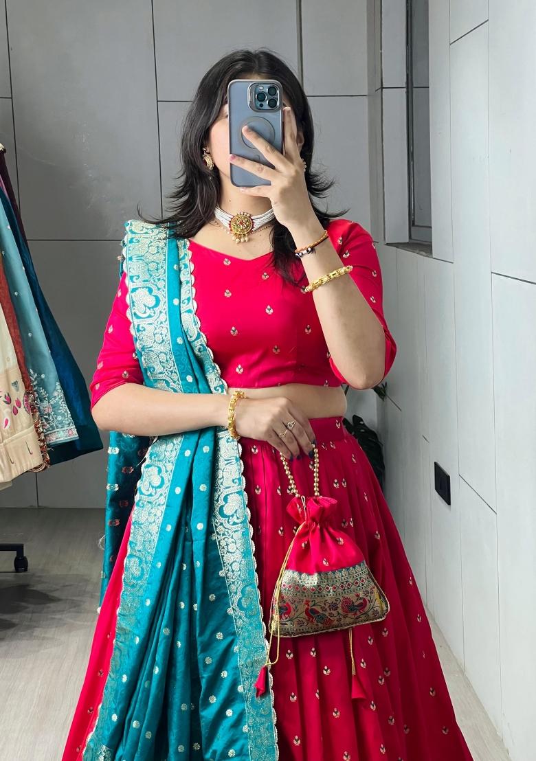 Firozi Floral Print Silk Lehenga Set - Indya