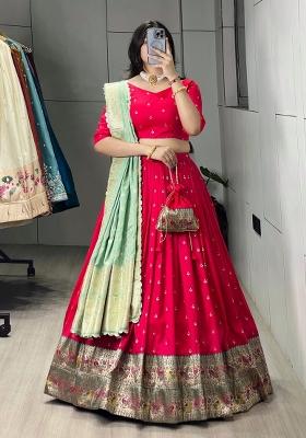Pista Floral Print Silk Lehenga Set