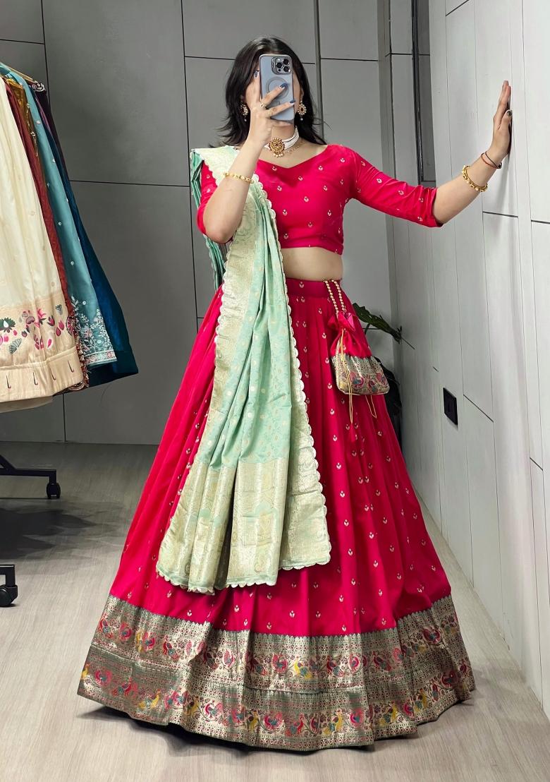 Pista Floral Print Silk Lehenga Set - Indya