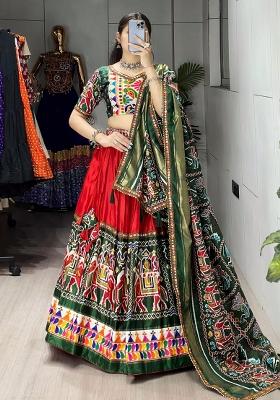 Red Printed Silk Lehenga Set