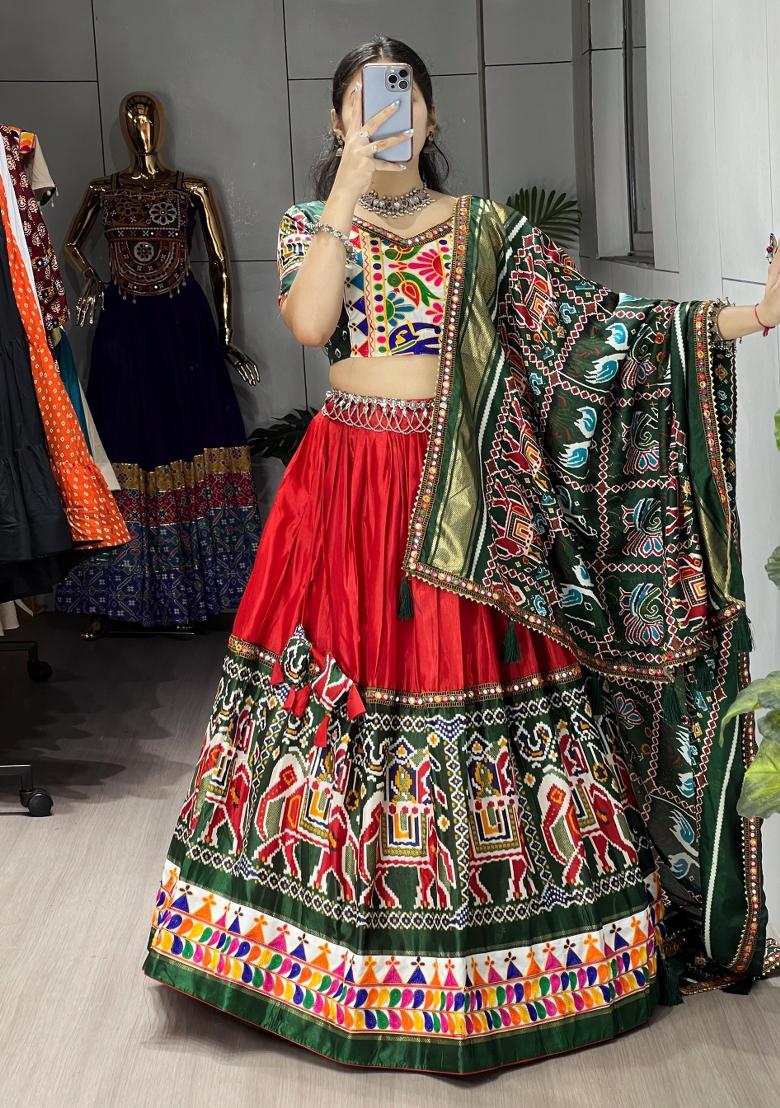 Red Printed Silk Lehenga Set - Indya