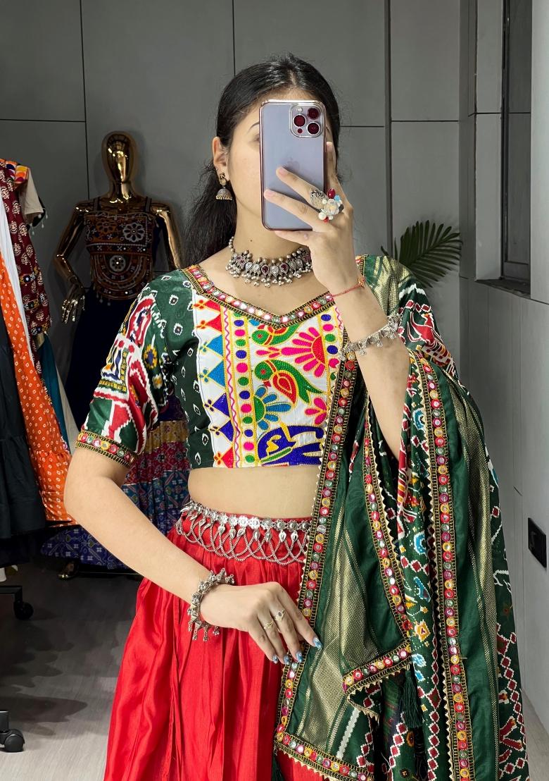Red Printed Silk Lehenga Set - Indya