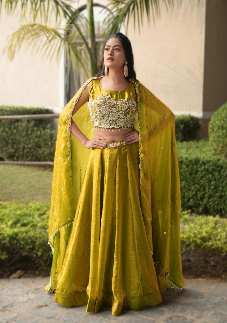 Yellow Sequin Work Fendi Lehenga Set - Indya