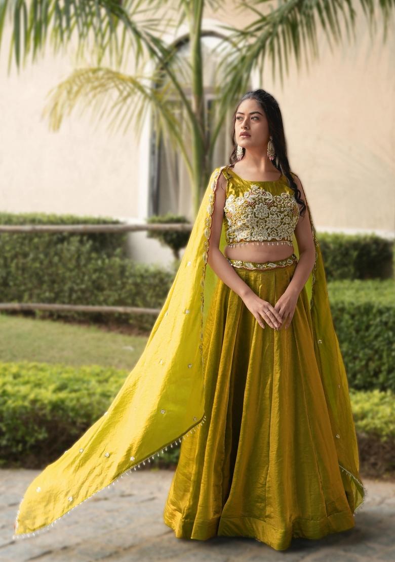 Yellow Sequin Work Fendi Lehenga Set - Indya
