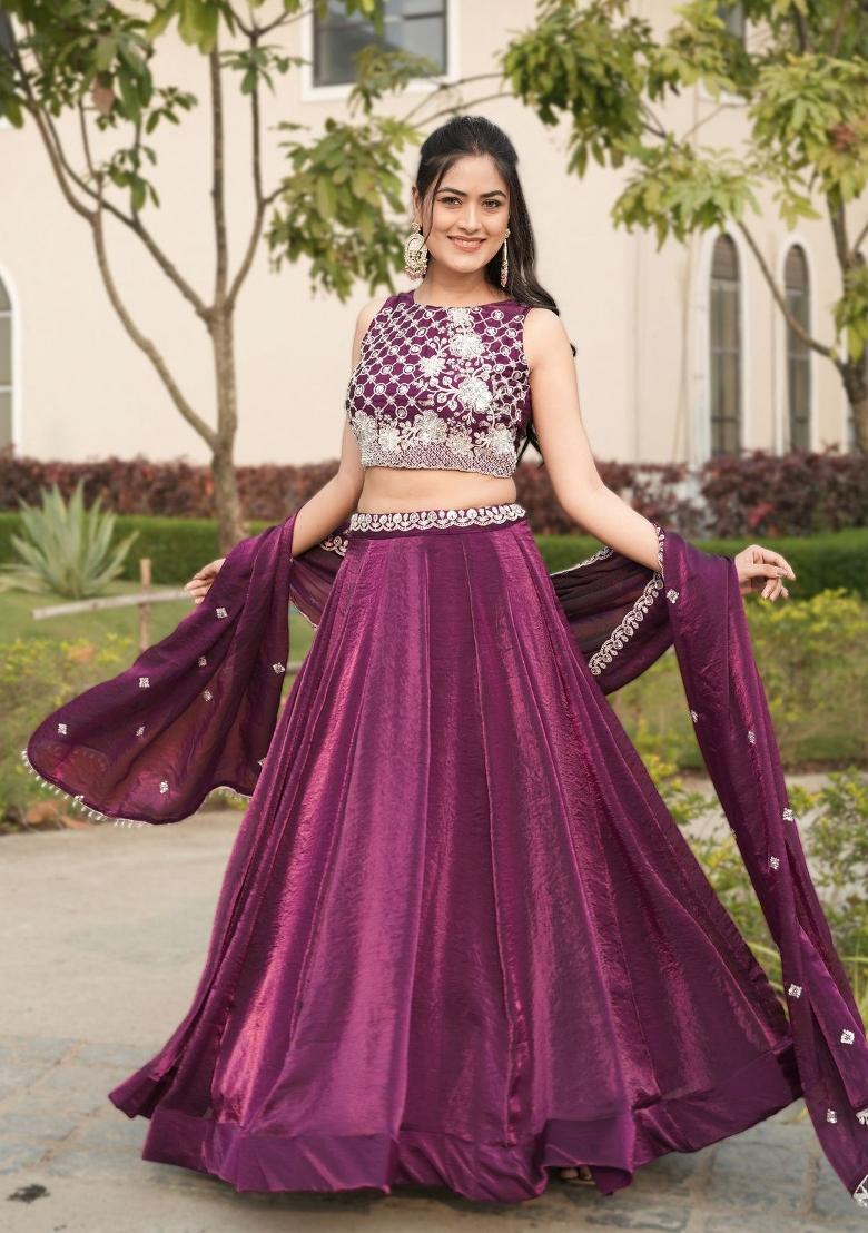 Wine Sequin Work Fendi Lehenga Set - Indya