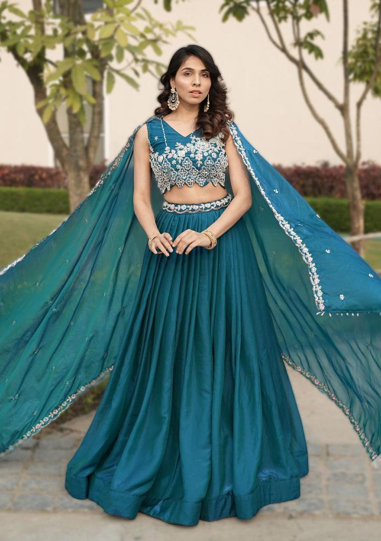 Blue Sequin Work Fendi Lehenga Set - Indya