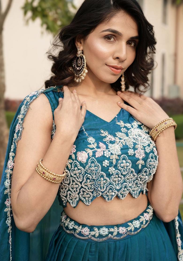 Blue Sequin Work Fendi Lehenga Set - Indya