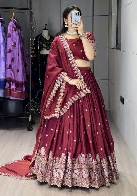 Burgundy Embroidered Vichitra Lehenga Set