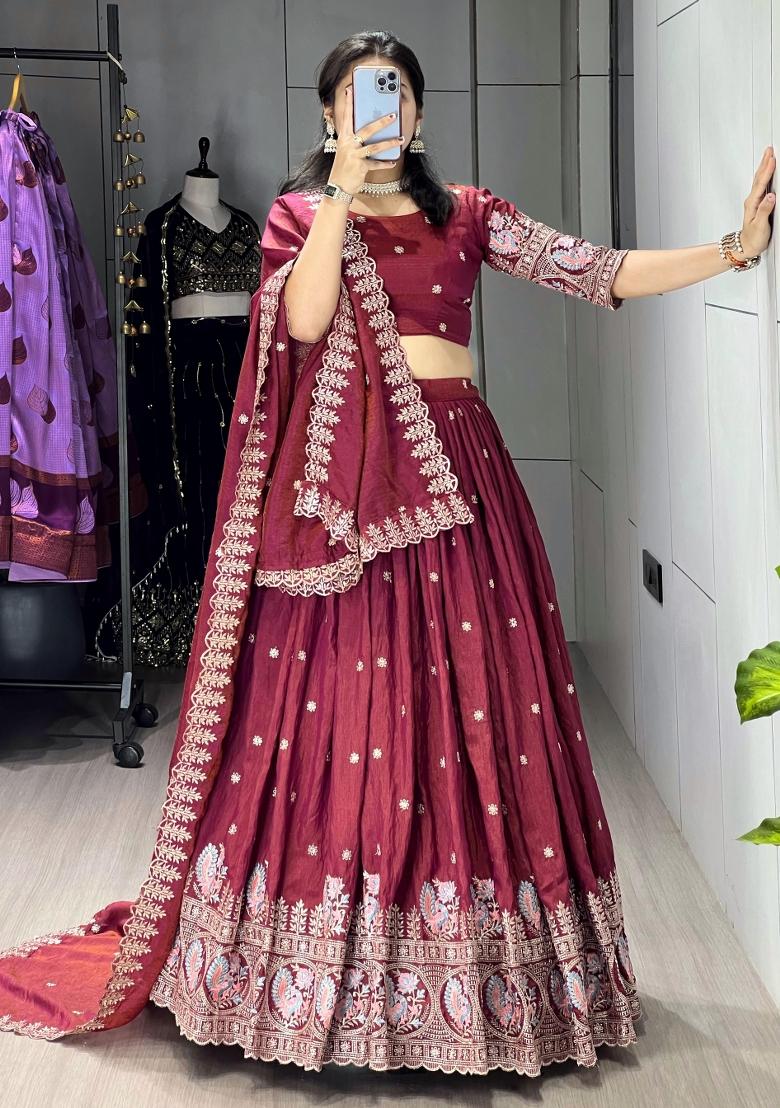 Burgundy Embroidered Vichitra Lehenga Set - Indya