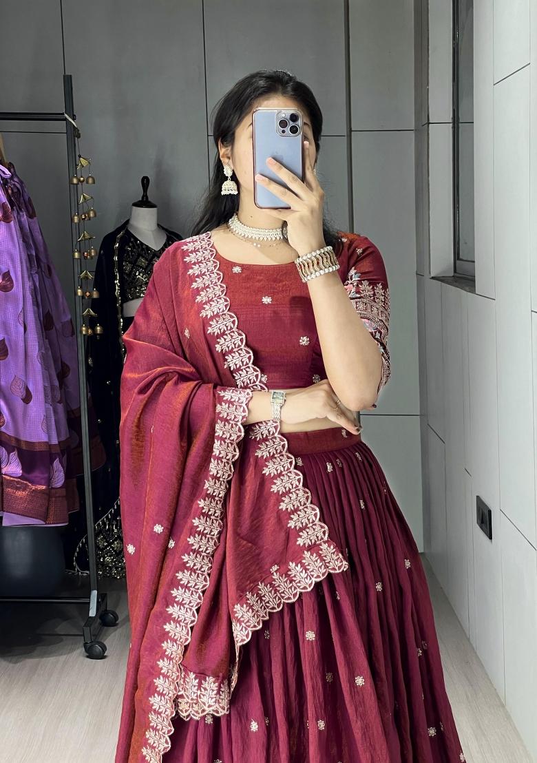Burgundy Embroidered Vichitra Lehenga Set - Indya