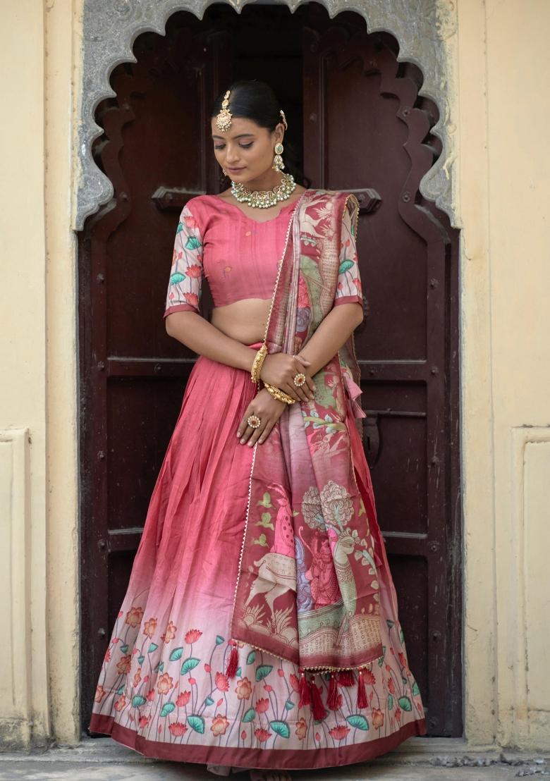 Pink Printed Silk Lehenga Set - Indya
