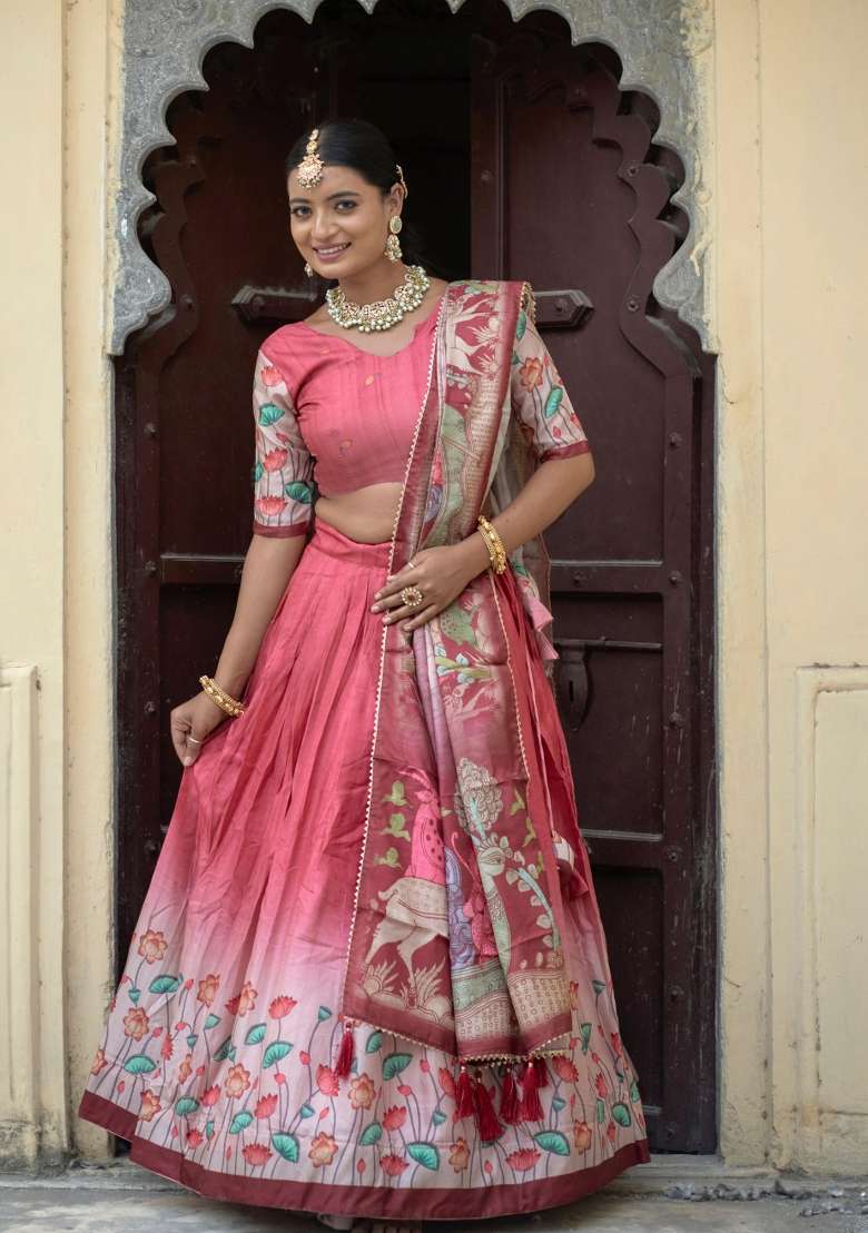 Pink Silk Lehenga Set with Printed for Diwali | Wedding & Festive Wear - Indya