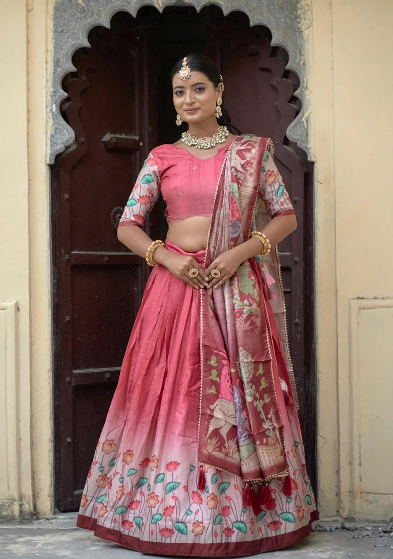 Pink Printed Silk Lehenga Set - Indya
