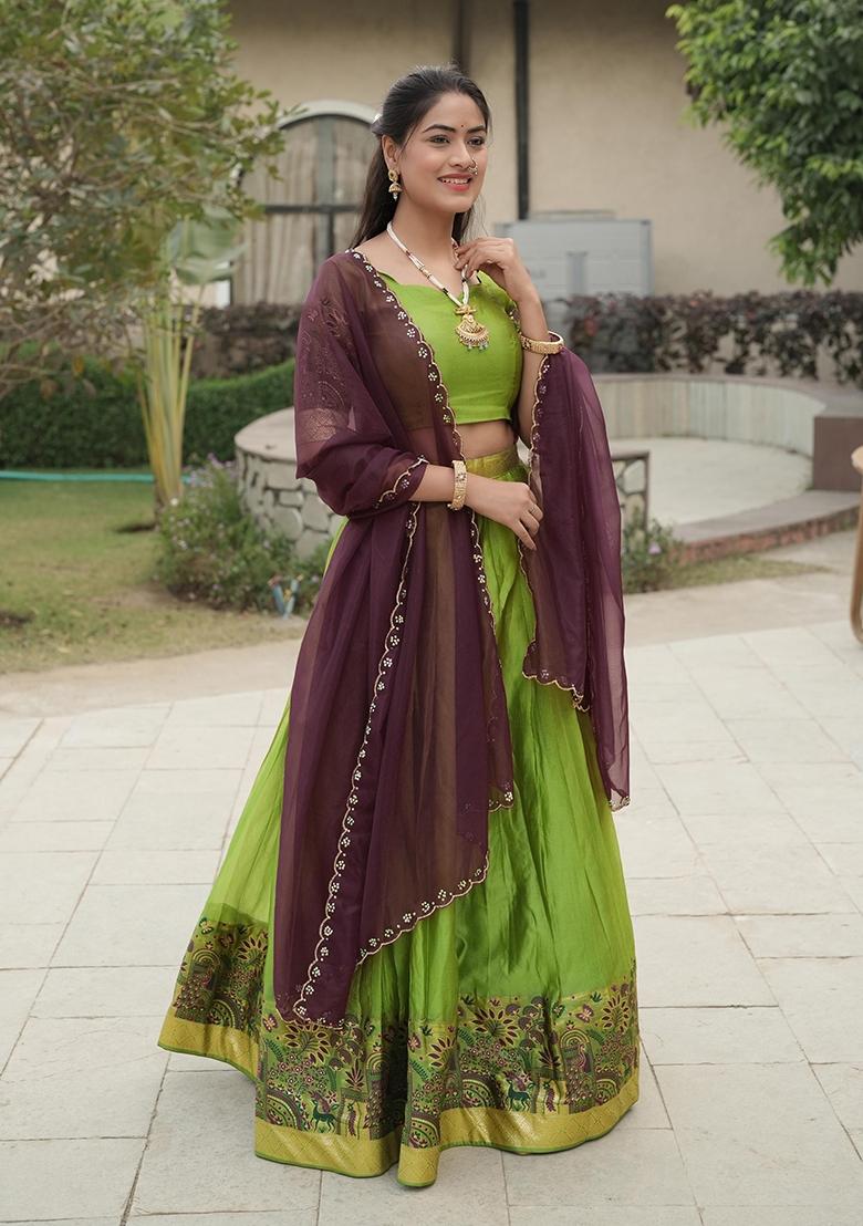 Parrot Zari Work Shimmar Lehenga Set - Indya