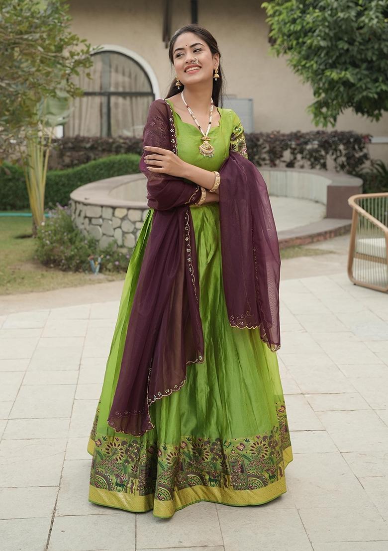 Parrot Zari Work Shimmar Lehenga Set - Indya