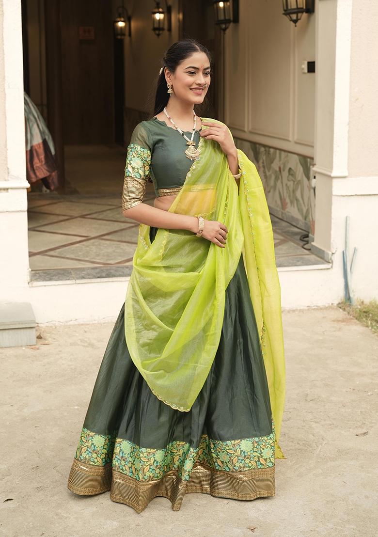 Green Zari Work Shimmar Lehenga Set - Indya