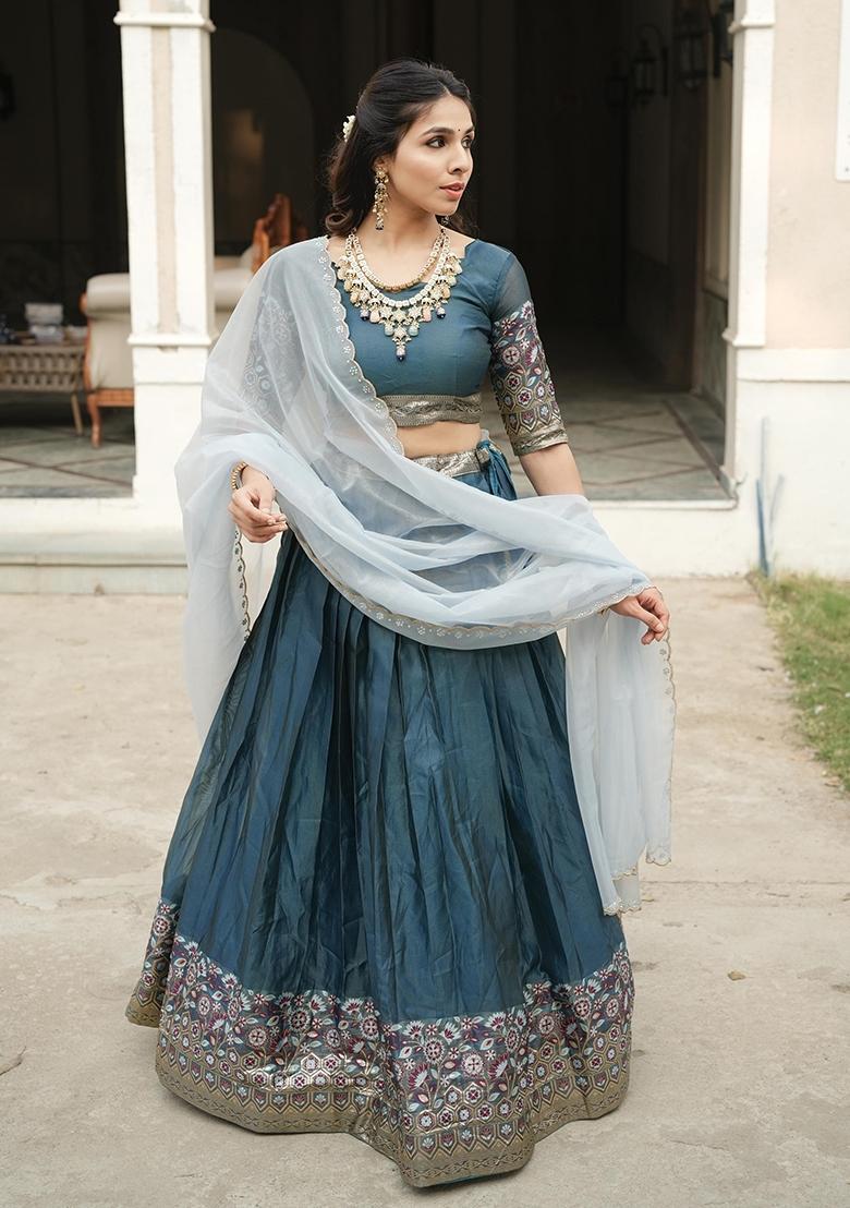 Rama Zari Work Shimmar Lehenga Set - Indya