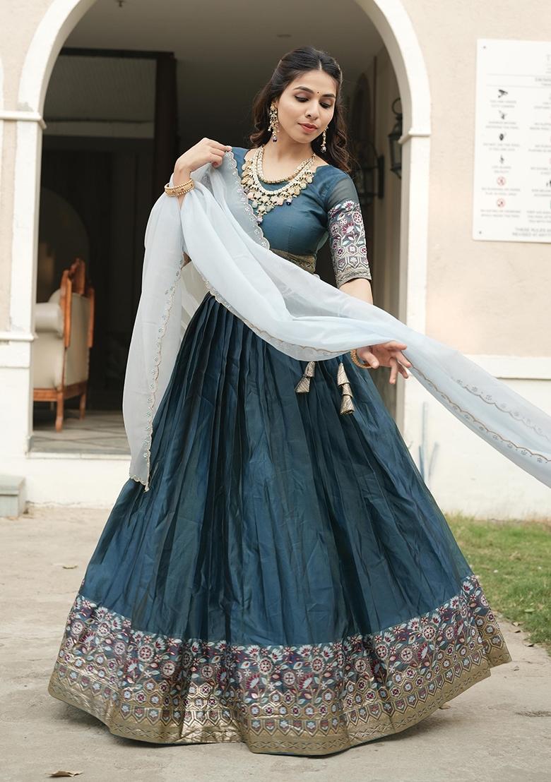 Rama Zari Work Shimmar Lehenga Set - Indya