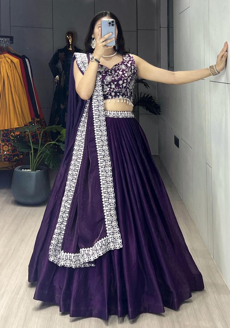 Purple Embroidered Fendi Lehenga Set - Indya