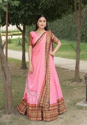 Pink Weaving Work Chanderi Lehenga Set