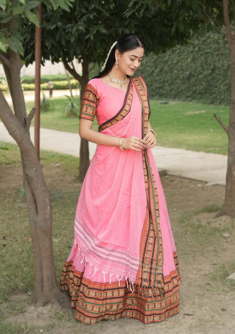 Pink Weaving Work Chanderi Lehenga Set - Indya