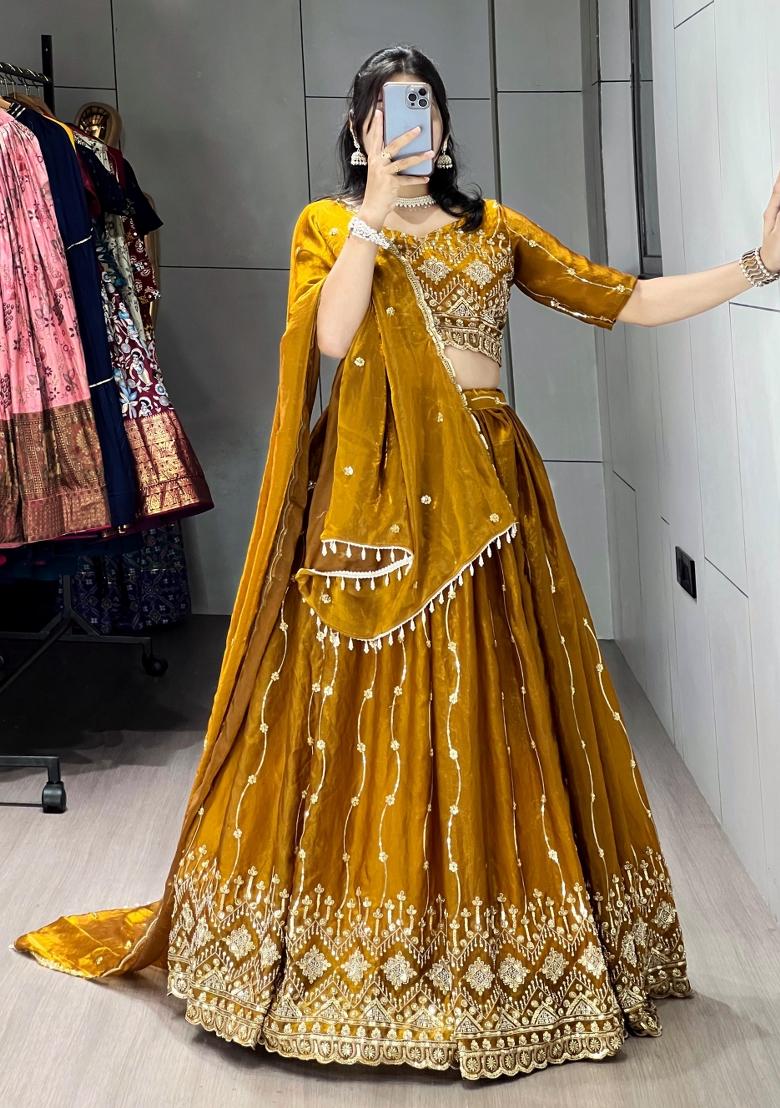 Mustard Embroidered Fendi Lehenga Set - Indya