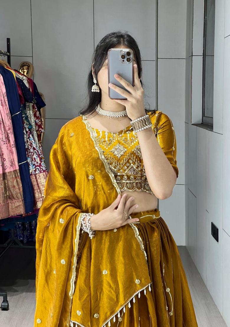 Mustard Embroidered Fendi Lehenga Set - Indya