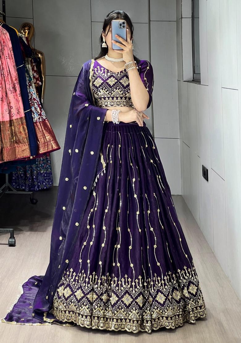 Purple Embroidered Fendi Lehenga Set - Indya