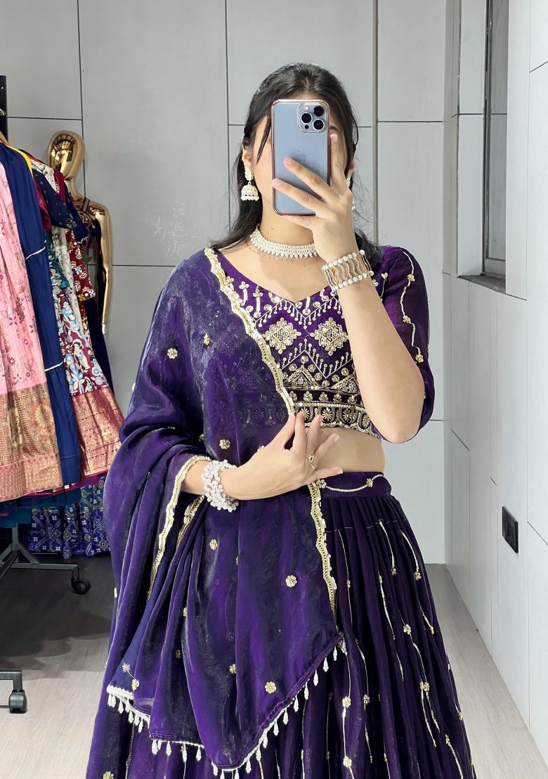 Purple Embroidered Fendi Lehenga Set - Indya