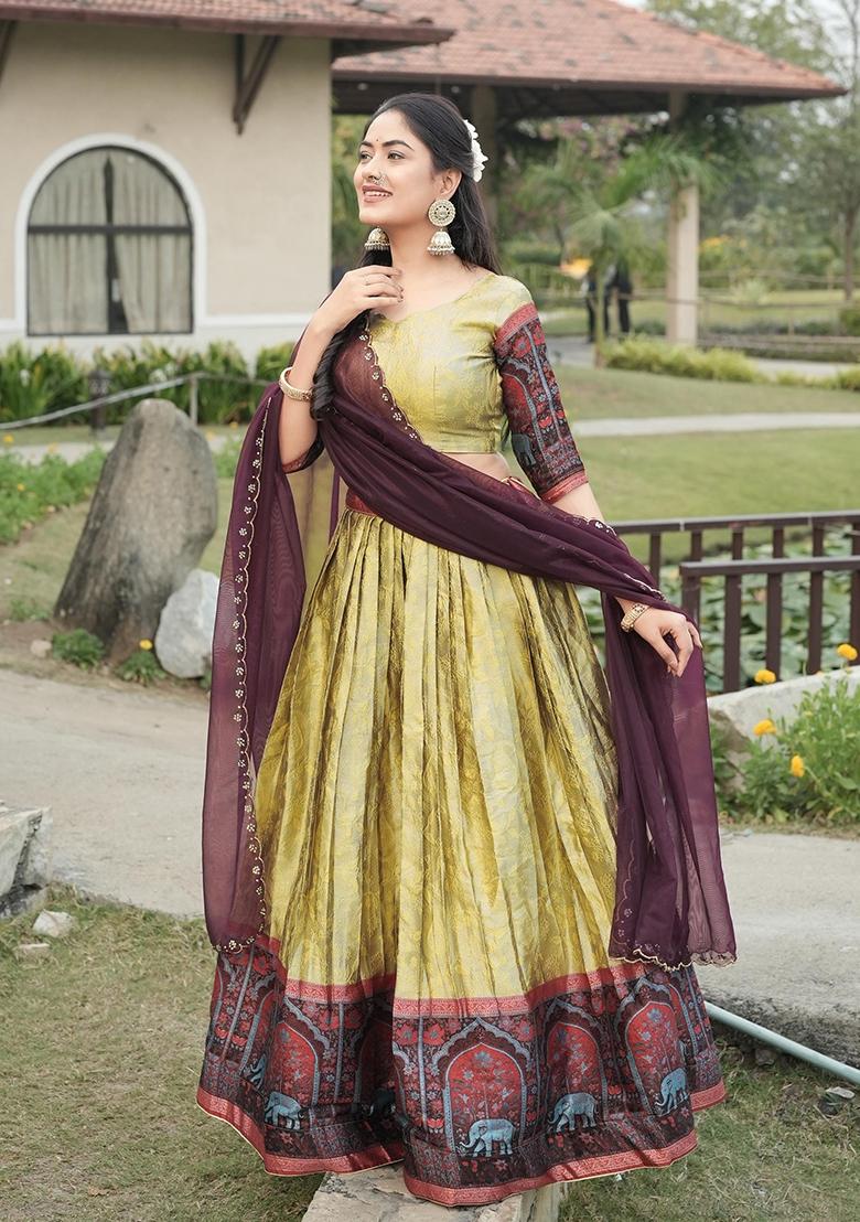 Cream Zari Work Silk Lehenga Set - Indya