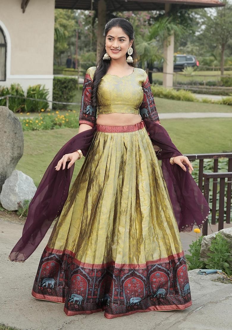 Cream Zari Work Silk Lehenga Set - Indya