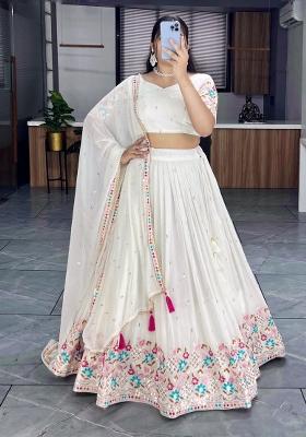 Off White Embroidered Georgette Lehenga Set