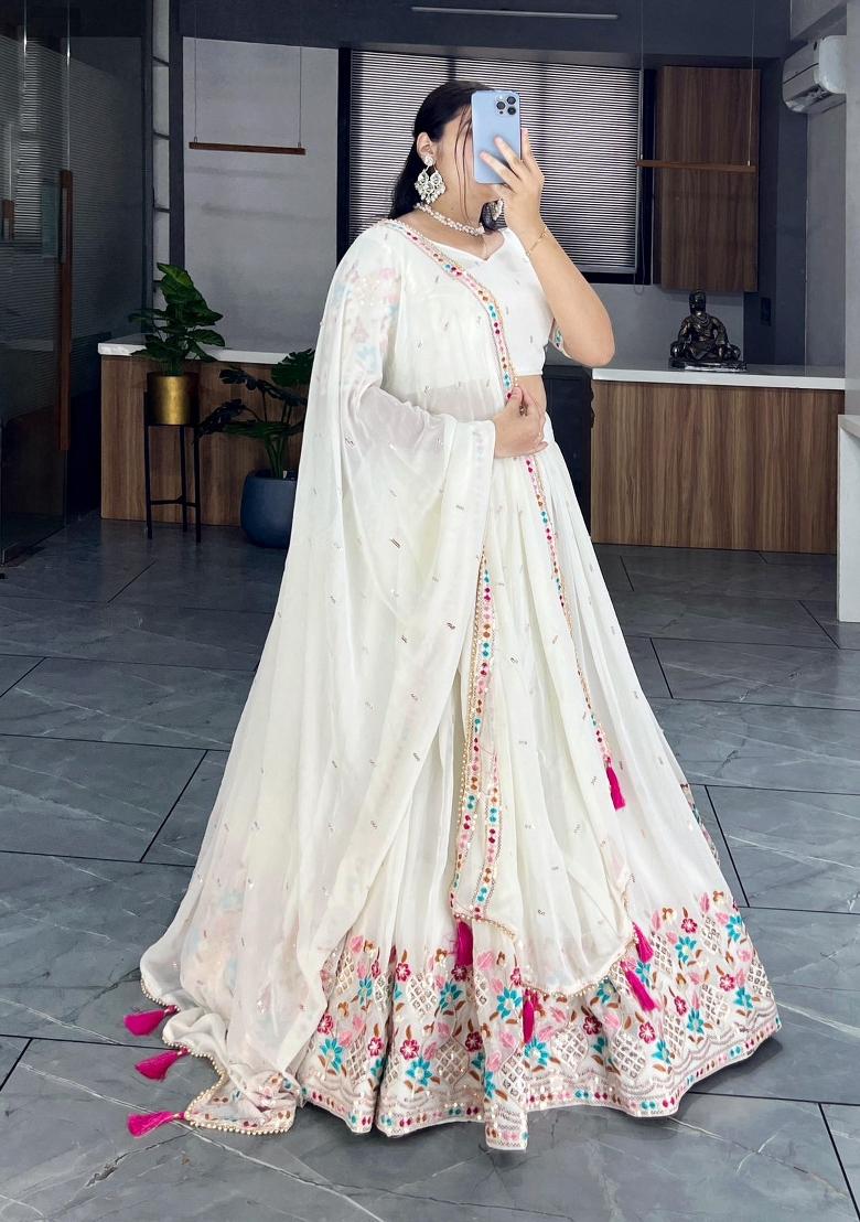 Off White Embroidered Georgette Lehenga Set - Indya