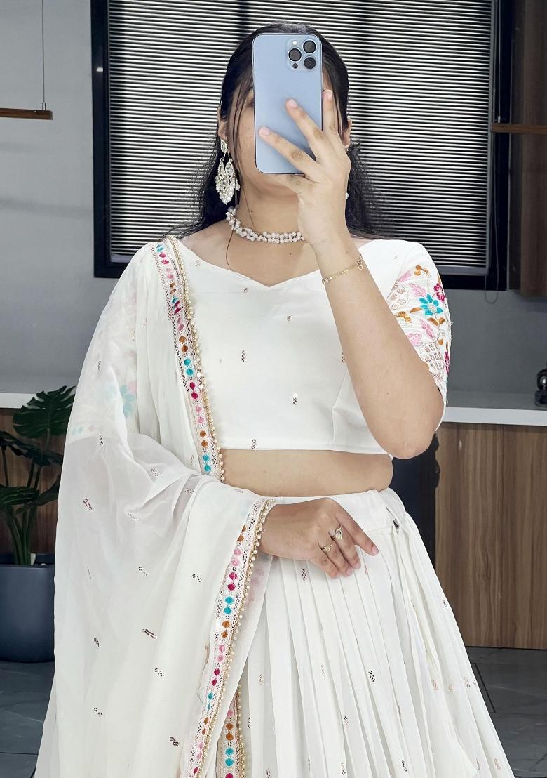 Off White Embroidered Georgette Lehenga Set - Indya