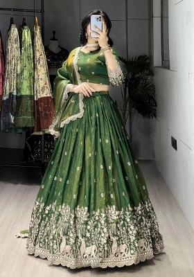 Olive Embroidered Vichitra Lehenga Set