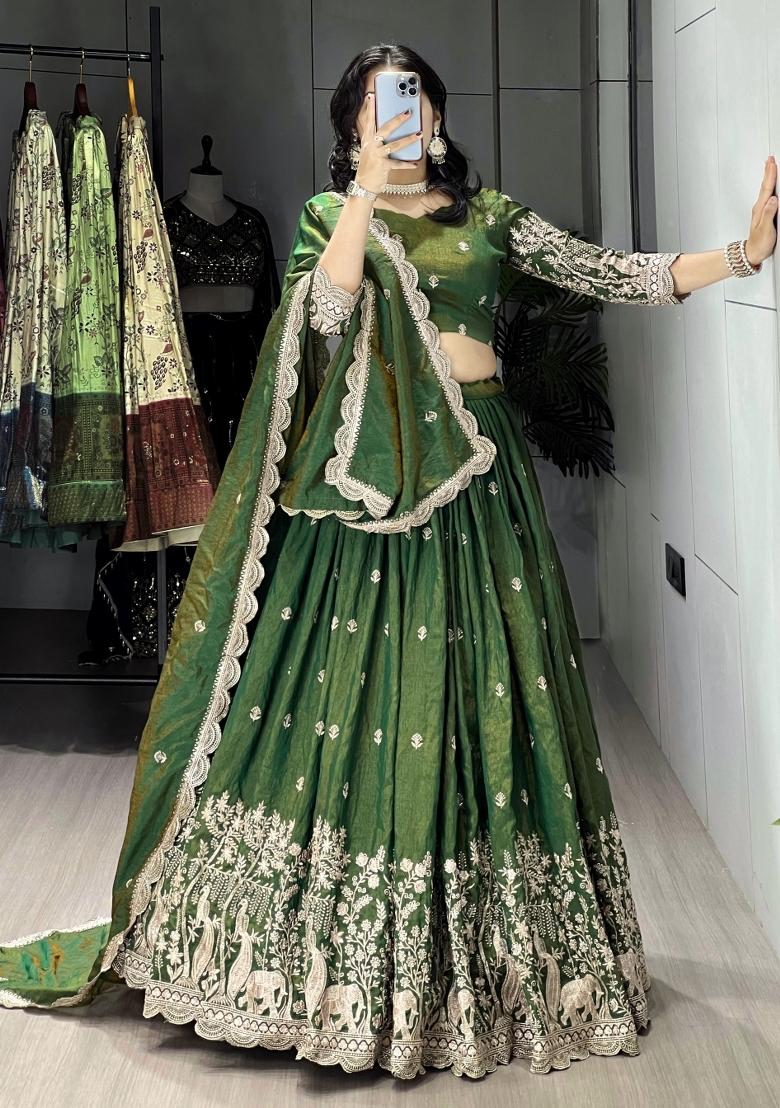 Olive Embroidered Vichitra Lehenga Set - Indya