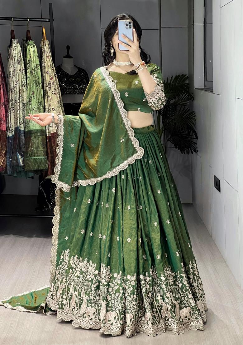 Olive Embroidered Vichitra Lehenga Set - Indya