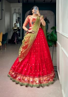 Red Zari Work Silk Lehenga Set