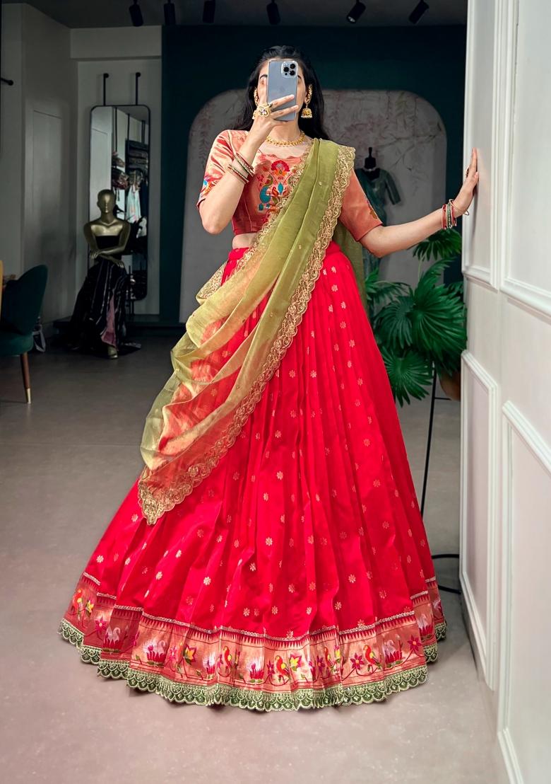 Red Zari Work Silk Lehenga Set - Indya