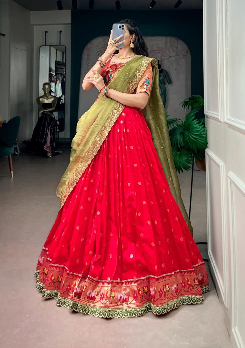 Red Zari Work Silk Lehenga Set - Indya