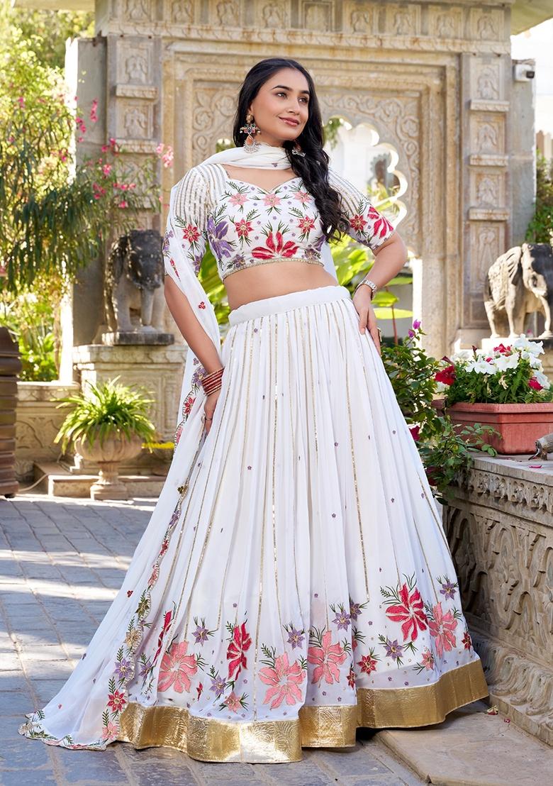 White Embroidered Georgette Lehenga Set - Indya