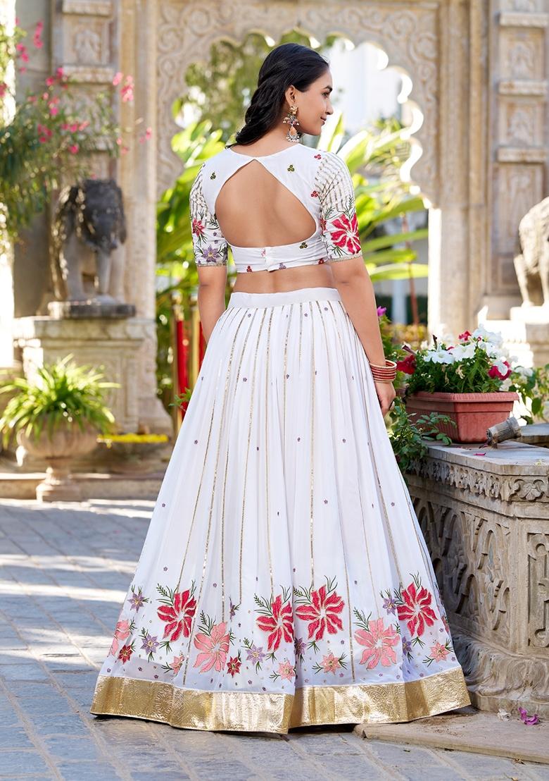White Embroidered Georgette Lehenga Set - Indya