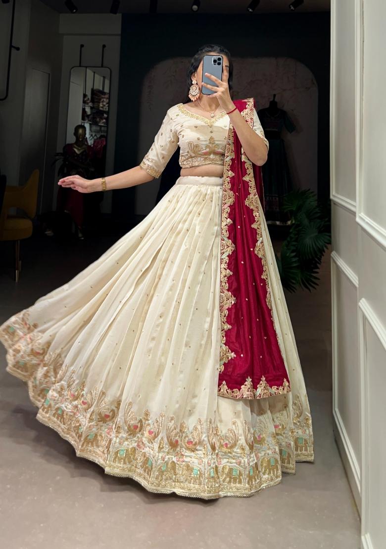 Off White Embroidered Silk Lehenga Set - Indya