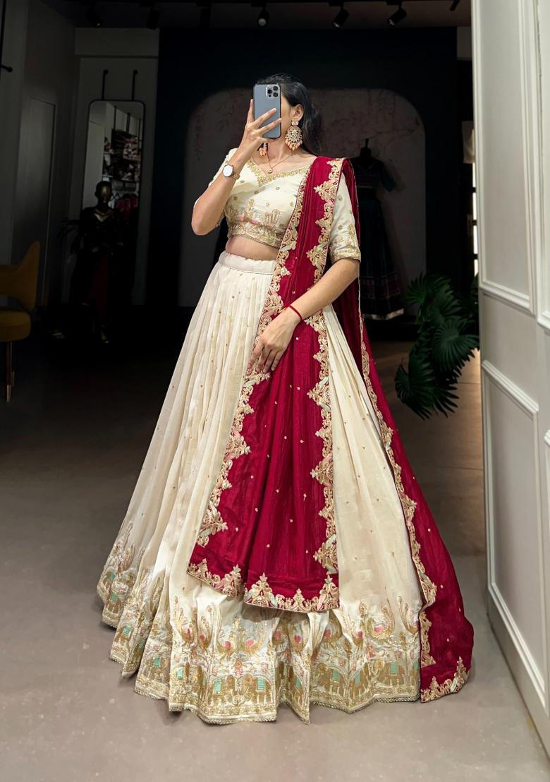 Off White Embroidered Silk Lehenga Set - Indya