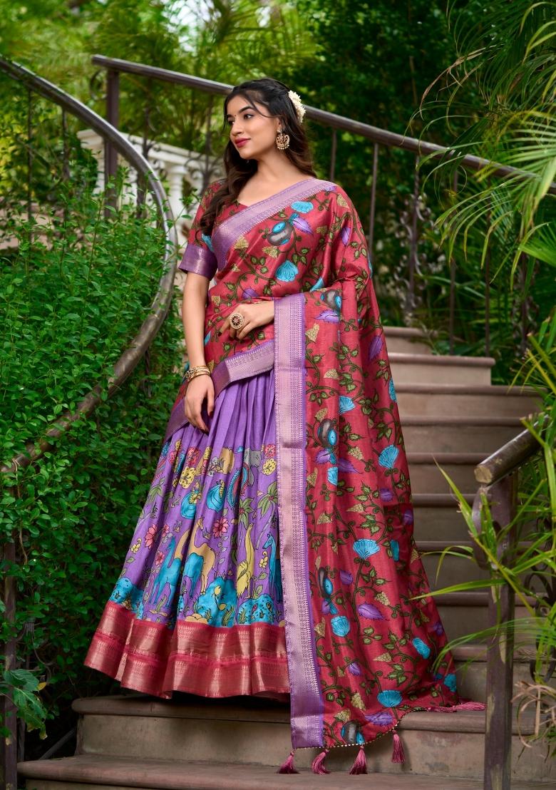 Purple Printed Silk Lehenga Set - Indya