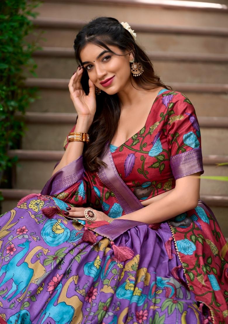 Purple Printed Silk Lehenga Set - Indya