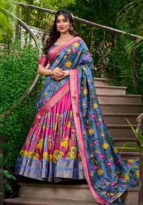 Blue Printed Silk Lehenga Set