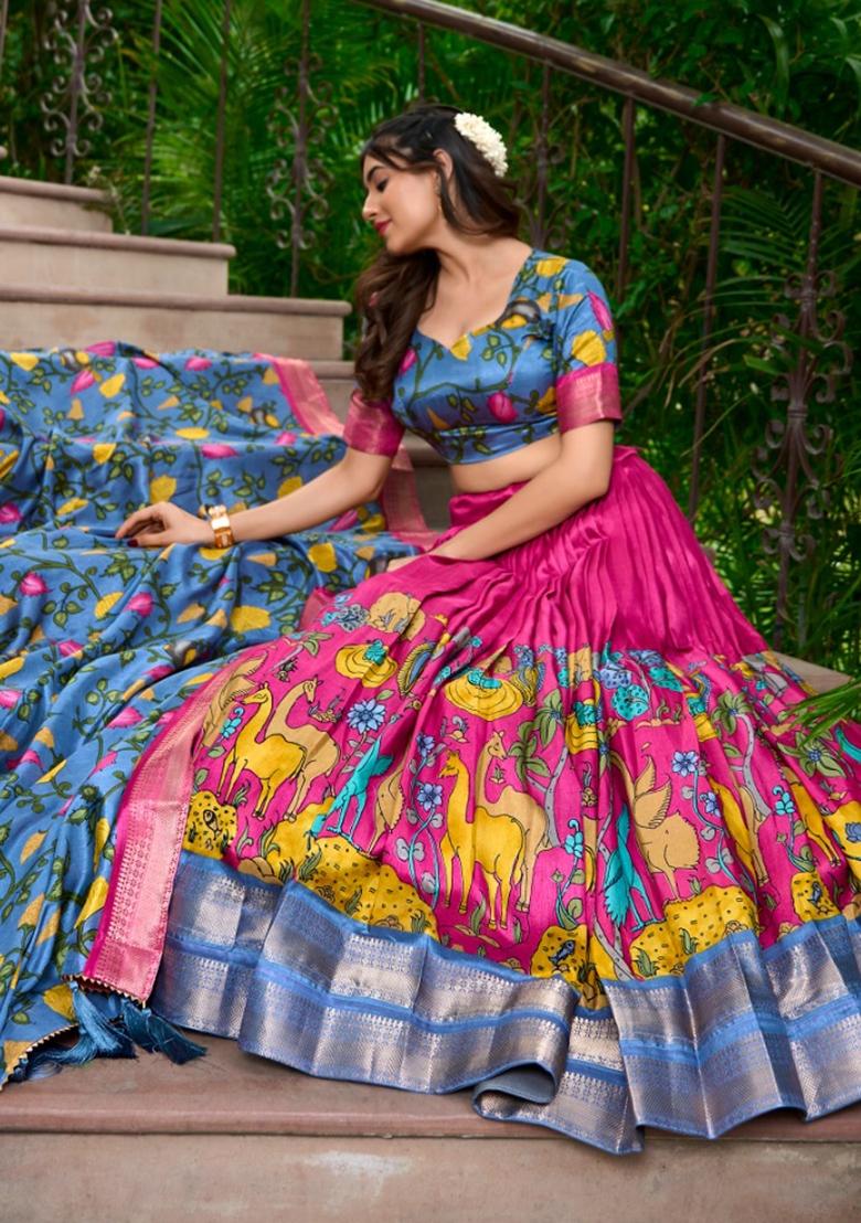 Blue Printed Silk Lehenga Set - Indya