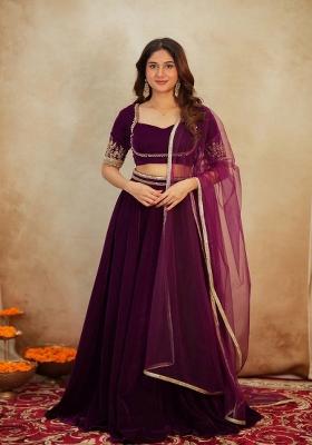 Rani Pink Embroidered Velvet Lehenga Set