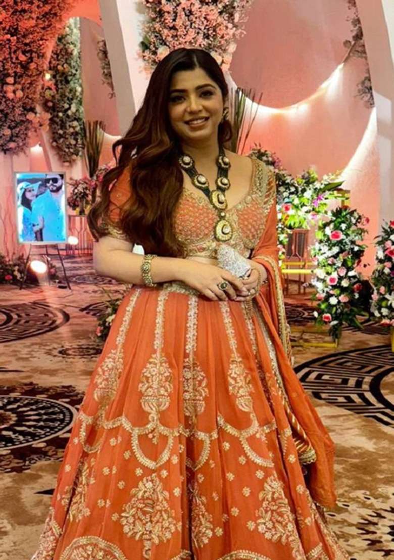 Orange Georgette Lehenga Set with Embroidered for Diwali | Wedding & Festive Wear - Indya